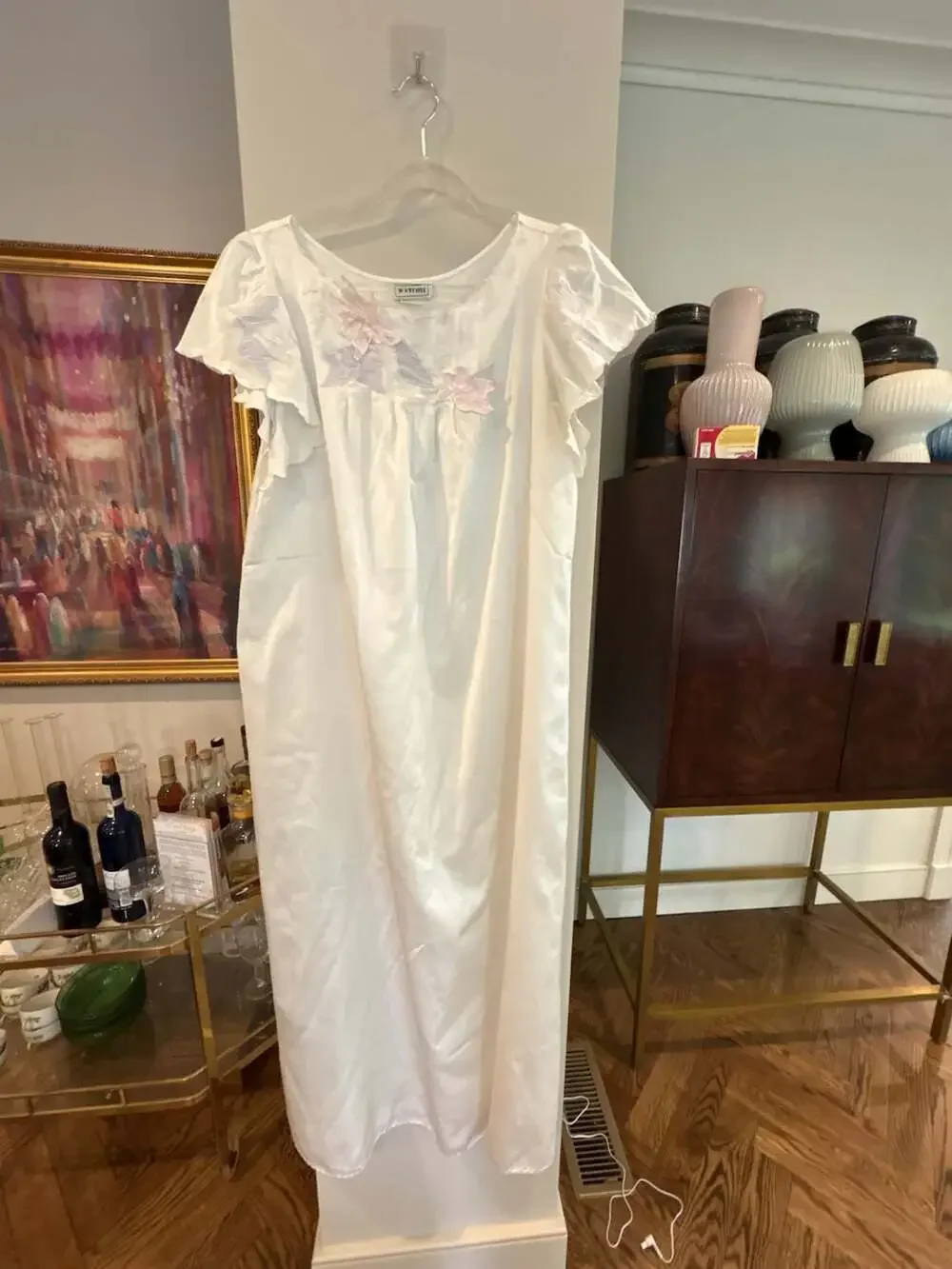Natori Vintage Long Flutter Sleeve Nightgown with Floral Embroidery scalloped ed